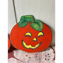 Load image into Gallery viewer, Vintage die cut Halloween Jacko lantern pumpkins flocked set of 3 imperfect