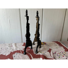 Load image into Gallery viewer, Antique ornate pair of fireplace andirons painted brass 12"