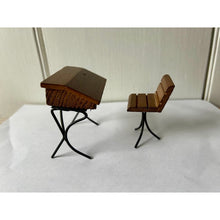 Load image into Gallery viewer, Vintage dollhouse desk and chair wood wire slant top 3" 1960s