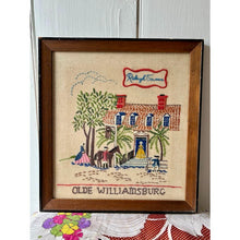 Load image into Gallery viewer, Vintage crewel embroidery framed olde Williamsburg Raleigh tavern impefect