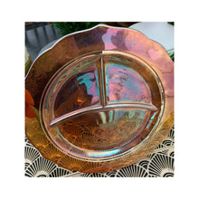 Load image into Gallery viewer, Vintage 1930s orange Vaseline carnival glass divided dinner plate 11” depression era
