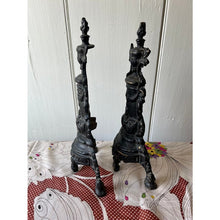 Load image into Gallery viewer, Antique ornate pair of fireplace andirons painted brass 12"