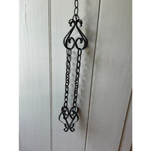 Load image into Gallery viewer, Vintage black wrought iron metal chain scroll plant hanger 42"