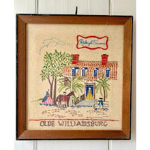 Load image into Gallery viewer, Vintage crewel embroidery framed olde Williamsburg Raleigh tavern impefect
