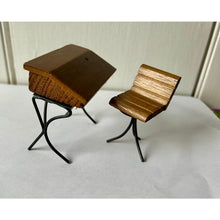 Load image into Gallery viewer, Vintage dollhouse desk and chair wood wire slant top 3" 1960s