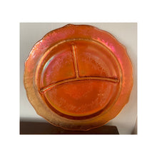 Load image into Gallery viewer, Vintage 1930s orange Vaseline carnival glass divided dinner plate 11” depression era