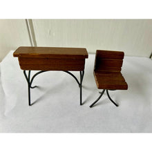 Load image into Gallery viewer, Vintage dollhouse desk and chair wood wire slant top 3" 1960s