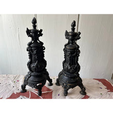 Load image into Gallery viewer, Antique ornate pair of fireplace andirons painted brass 12"