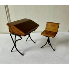 Load image into Gallery viewer, Vintage dollhouse desk and chair wood wire slant top 3" 1960s
