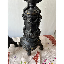 Load image into Gallery viewer, Antique ornate pair of fireplace andirons painted brass 12"