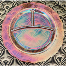 Load image into Gallery viewer, Vintage 1930s orange Vaseline carnival glass divided dinner plate 11” depression era