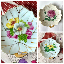 Load image into Gallery viewer, Vintage floral leaf plates 5" hand painted gold leaf set of 3