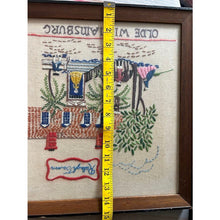 Load image into Gallery viewer, Vintage crewel embroidery framed olde Williamsburg Raleigh tavern impefect