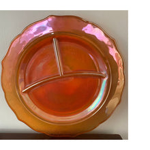 Load image into Gallery viewer, Vintage 1930s orange Vaseline carnival glass divided dinner plate 11” depression era