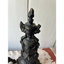 Load image into Gallery viewer, Antique ornate pair of fireplace andirons painted brass 12"