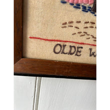 Load image into Gallery viewer, Vintage crewel embroidery framed olde Williamsburg Raleigh tavern impefect