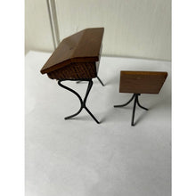 Load image into Gallery viewer, Vintage dollhouse desk and chair wood wire slant top 3" 1960s