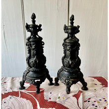 Load image into Gallery viewer, Antique ornate pair of fireplace andirons painted brass 12"