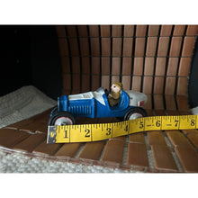 Load image into Gallery viewer, Vintage cast iron toy race car metal painted blue and white with driver