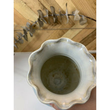 Load image into Gallery viewer, Studio ceramic pottery vase ruffled edge white blue signed 6.5”