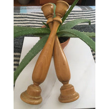 Load image into Gallery viewer, Vintage mcm candlesticks turned wood scroll 11" tapered candle holders