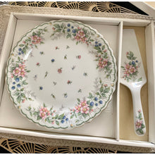 Load image into Gallery viewer, Andrea by Sadek cake plate and server floral porcelain with gold trim 10”