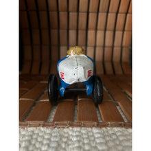 Load image into Gallery viewer, Vintage cast iron toy race car metal painted blue and white with driver