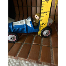 Load image into Gallery viewer, Vintage cast iron toy race car metal painted blue and white with driver