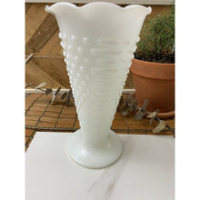 Load image into Gallery viewer, Vintage white hobnail milk glass vase trumpet ruffle top 9-3/8” tall