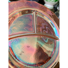 Load image into Gallery viewer, Vintage 1930s orange Vaseline carnival glass divided dinner plate 11” depression era