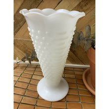 Load image into Gallery viewer, Vintage white hobnail milk glass vase trumpet ruffle top 9-3/8” tall