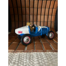 Load image into Gallery viewer, Vintage cast iron toy race car metal painted blue and white with driver