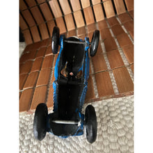 Load image into Gallery viewer, Vintage cast iron toy race car metal painted blue and white with driver