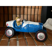 Load image into Gallery viewer, Vintage cast iron toy race car metal painted blue and white with driver