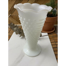 Load image into Gallery viewer, Vintage white hobnail milk glass vase trumpet ruffle top 9-3/8” tall