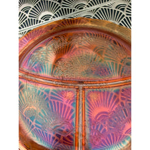 Load image into Gallery viewer, Vintage 1930s orange Vaseline carnival glass divided dinner plate 11” depression era
