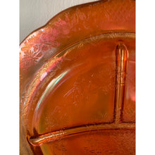 Load image into Gallery viewer, Vintage 1930s orange Vaseline carnival glass divided dinner plate 11” depression era