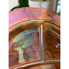 Load image into Gallery viewer, Vintage 1930s orange Vaseline carnival glass divided dinner plate 11” depression era