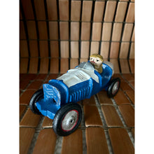 Load image into Gallery viewer, Vintage cast iron toy race car metal painted blue and white with driver