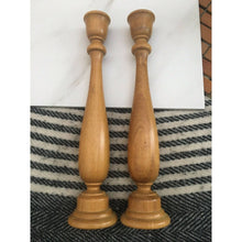 Load image into Gallery viewer, Vintage mcm candlesticks turned wood scroll 11" tapered candle holders