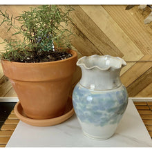 Load image into Gallery viewer, Studio ceramic pottery vase ruffled edge white blue signed 6.5”