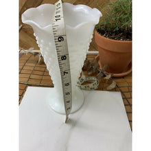 Load image into Gallery viewer, Vintage white hobnail milk glass vase trumpet ruffle top 9-3/8” tall