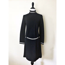 Load image into Gallery viewer, Vintage 1960s Dress Size 12 Black Long Sleeve Rhinestone Collar Cuff Belt Wool