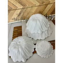 Load image into Gallery viewer, Vintage white milk glass nesting serving bowl set leaf and floral bottom