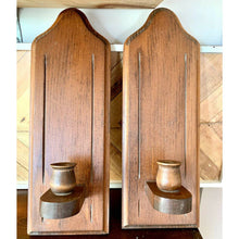 Load image into Gallery viewer, Vintage mid century modern wood tapered candle holder sconces
