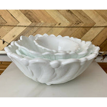 Load image into Gallery viewer, Vintage white milk glass nesting serving bowl set leaf and floral bottom