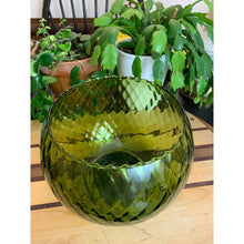 Load image into Gallery viewer, Vintage mid century green glass optic bowl ball vase diamond pattern scalloped edge