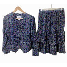 Load image into Gallery viewer, Vintage 80s skirt & blouse set 1980s with shoulder pads and ruffle skirt