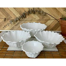 Load image into Gallery viewer, Vintage white milk glass nesting serving bowl set leaf and floral bottom