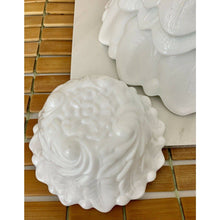 Load image into Gallery viewer, Vintage white milk glass nesting serving bowl set leaf and floral bottom